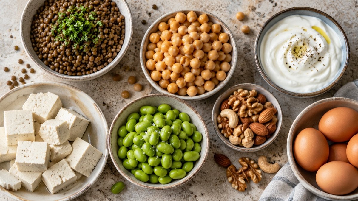 Overhead view of tofu, lentils, chickpeas, Greek yogurt, eggs, nuts and edamame in bowls on a stone counter