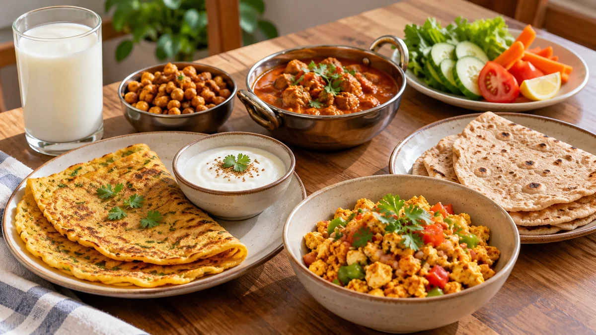 Indian vegetarian dishes with moong dal chilla, curd, paneer bhurji, rotis, soya curry, roasted chana, and milk