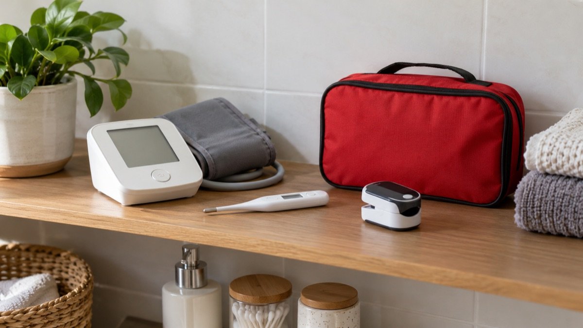 A tidy bathroom shelf with a digital thermometer, blood pressure cuff, pulse oximeter and first aid kit, all generic and unbranded
