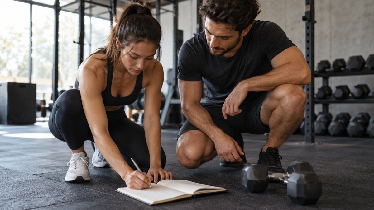 A man and a woman starting a workout together in a modern gym, writing in a training notebook beside dumbbells