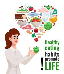 Healthy eating advertising poster with young woman holding green apple and useful food icons in heart form cartoon vector illustration diet plan