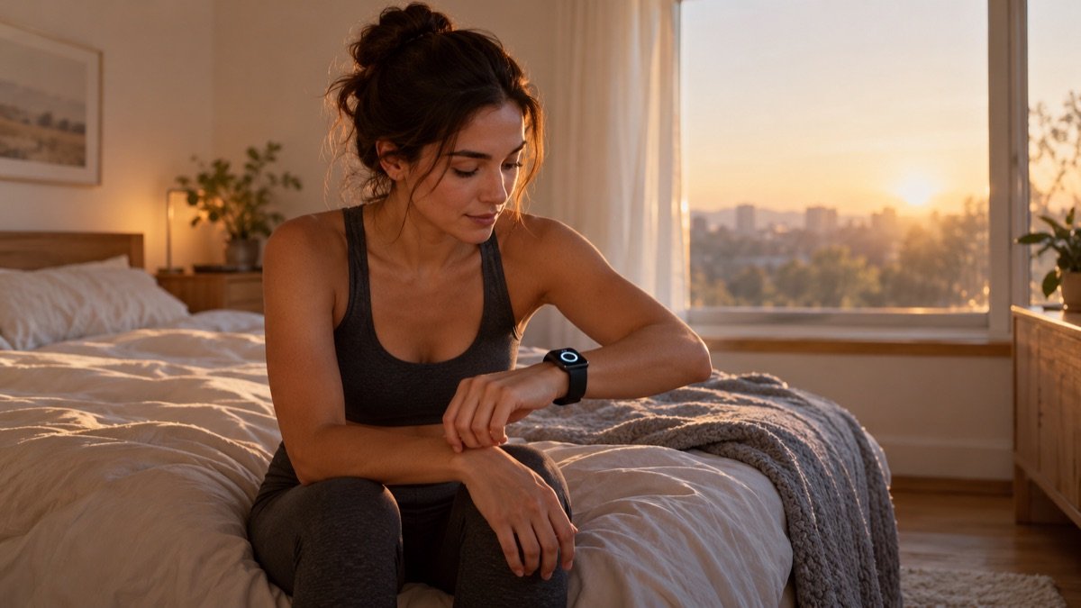 A woman sitting on her bed at sunrise in workout clothes, checking a smartwatch before training