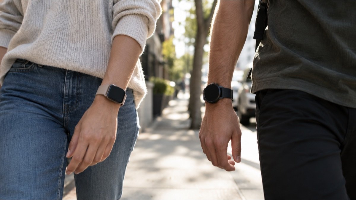 Two people walking side by side on a city sidewalk, one wearing a square smartwatch and the other a round sports watch