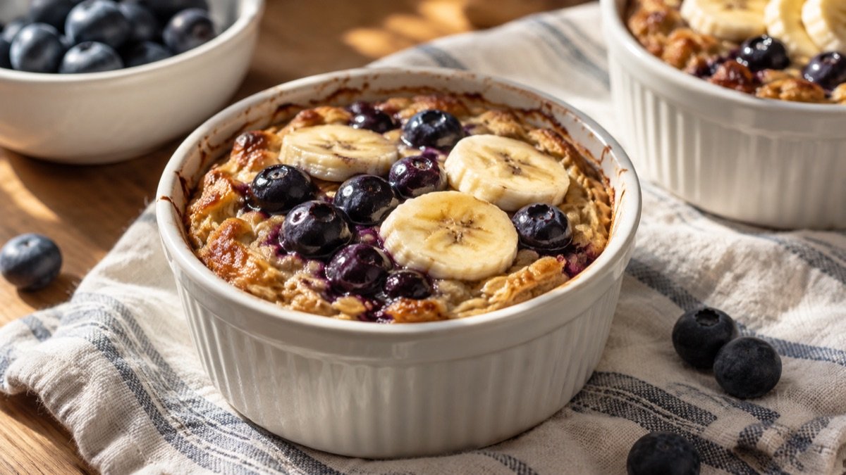 A ramekin of golden baked oats topped with blueberries and banana slices, fresh from the oven on a breakfast table