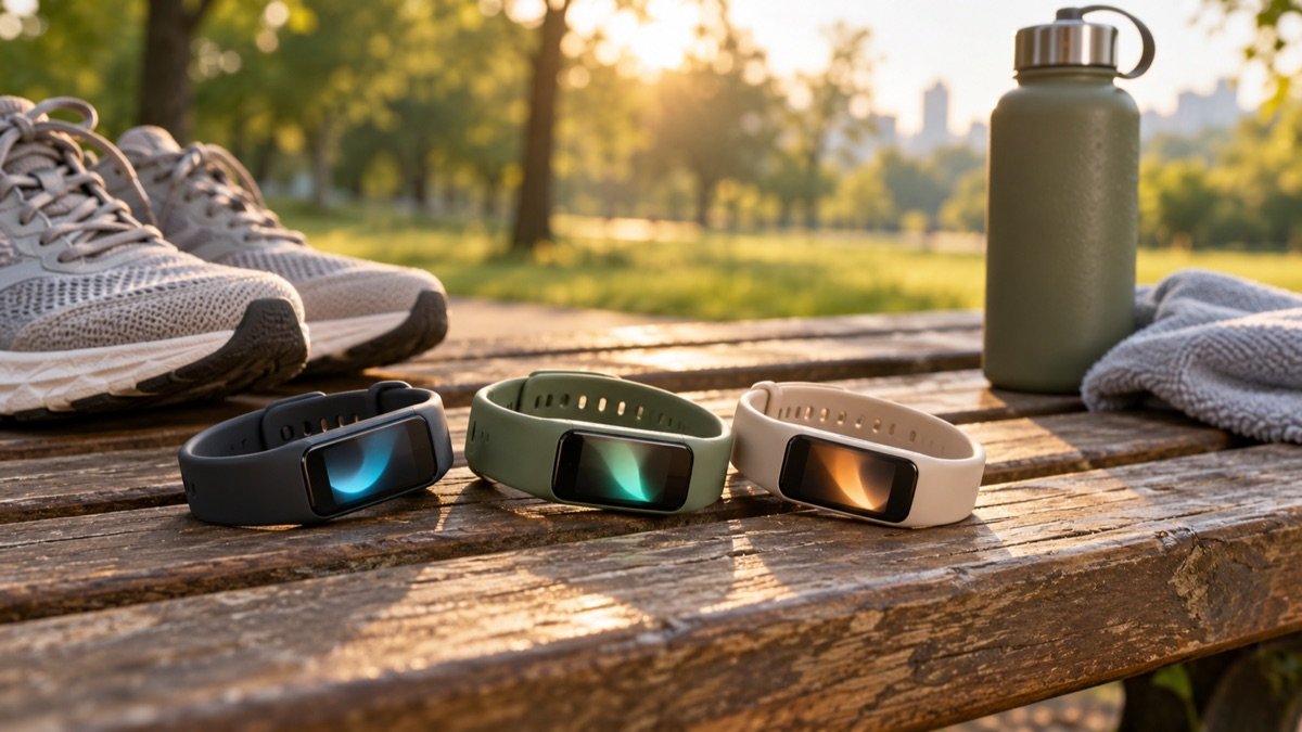 Three slim fitness tracker bands resting on a wooden bench beside running shoes and a water bottle in morning light
