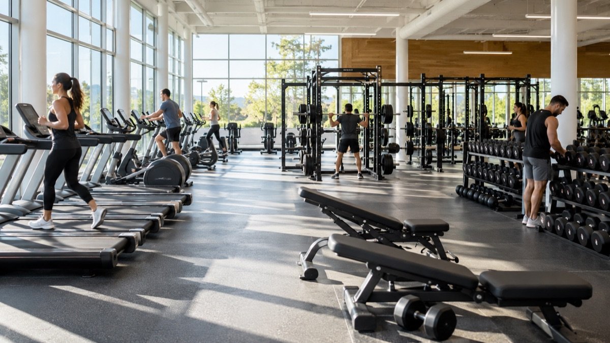 A bright, modern US gym floor with rows of treadmills, squat racks and dumbbell racks under large windows