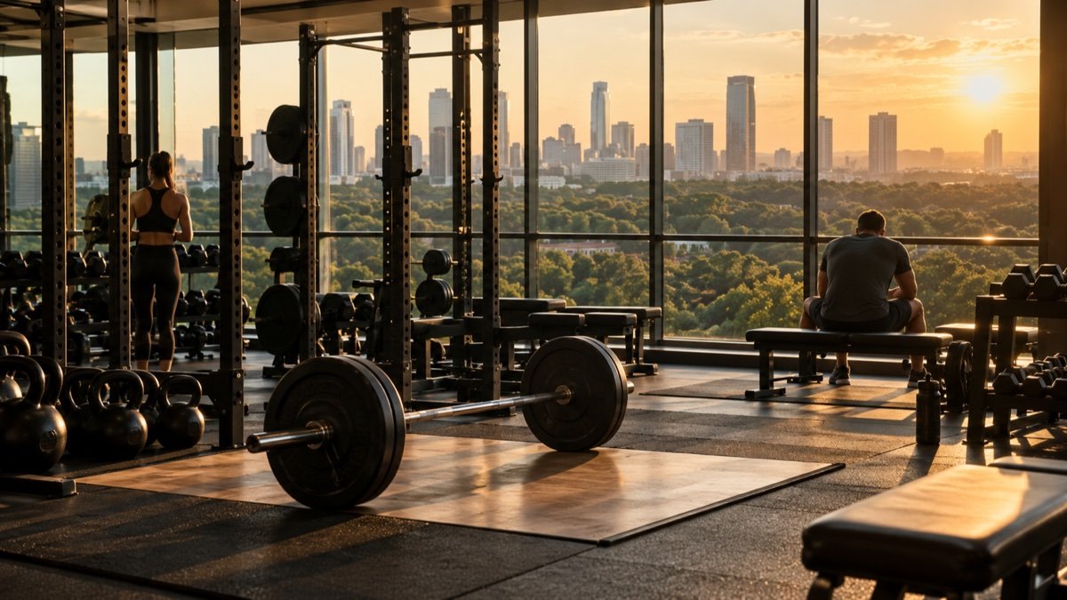 A modern gym free-weight area at golden hour with large windows overlooking a leafy city skyline rising above dense tree canopy