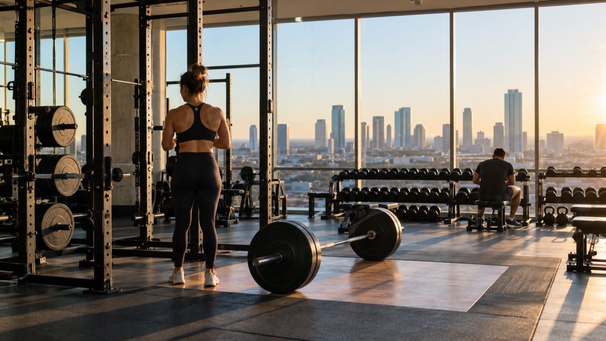 A bright modern gym with racks and dumbbells beside floor-to-ceiling windows overlooking a flat sunbelt city skyline in warm morning light