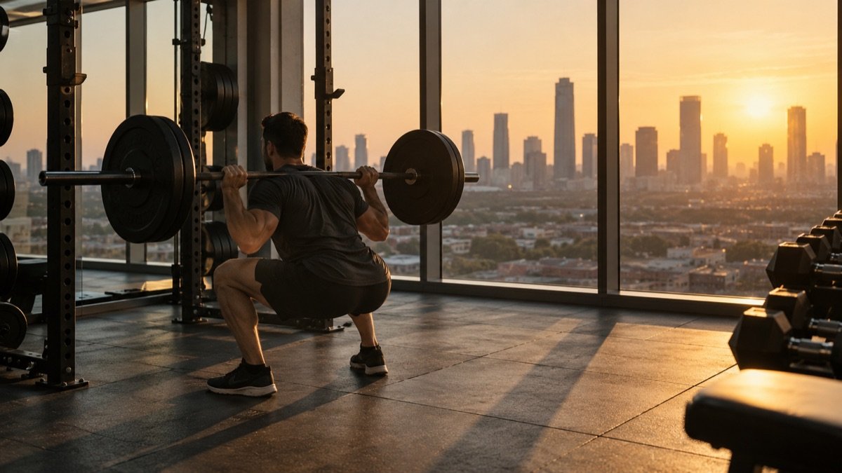 A bright modern gym with racks and dumbbells beside floor-to-ceiling windows overlooking a hazy city skyline at sunrise