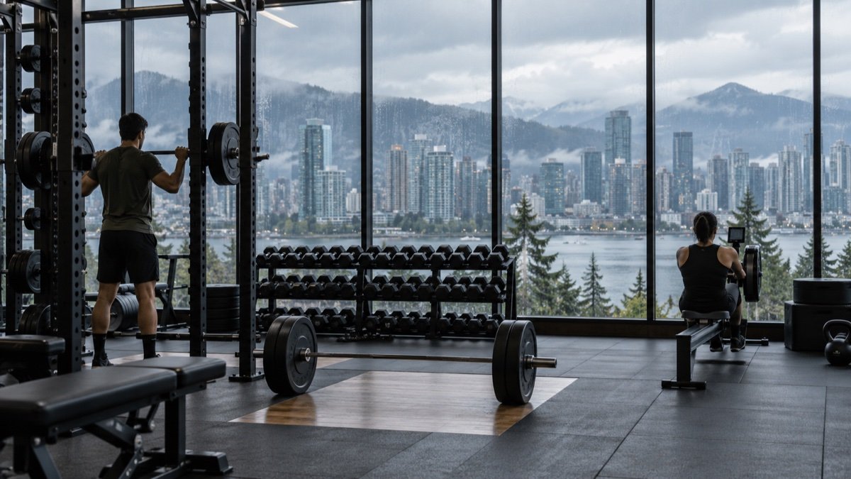 A modern gym with racks, a loaded barbell and a rowing machine beside rain-streaked windows overlooking a misty waterfront city and evergreen trees