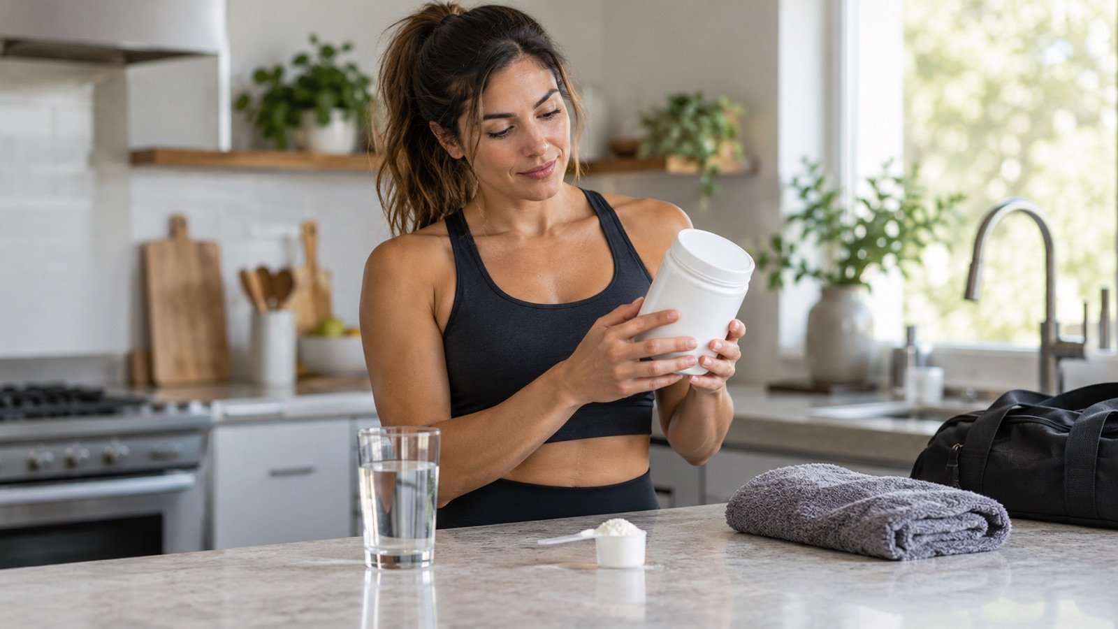 A woman in workout clothes reading an unbranded supplement container beside a glass of water