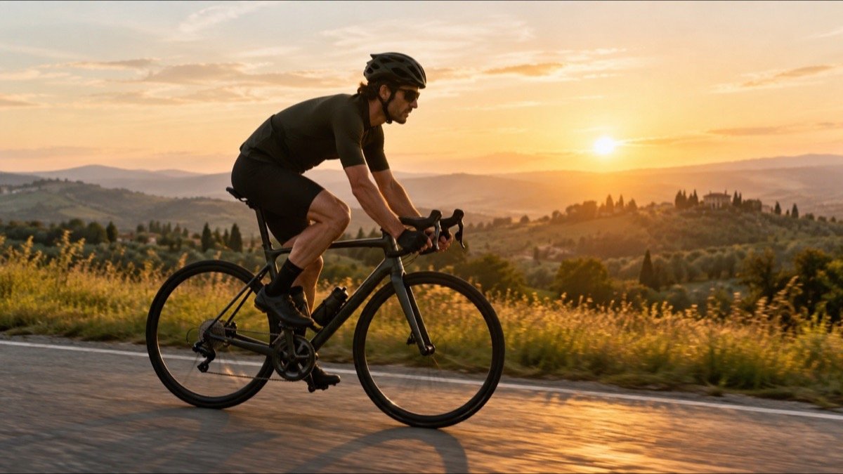 A man riding a road bicycle along a scenic countryside road at golden hour, side view, motion