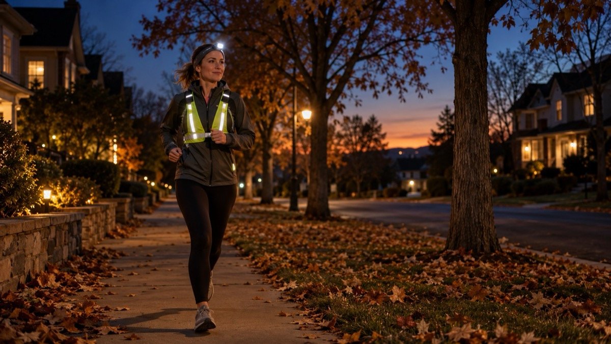 A runner wearing a headlamp and reflective vest jogs along a lit suburban sidewalk at dusk under an autumn sky