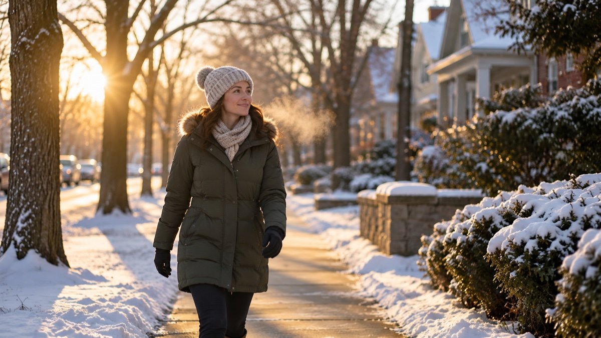 A smiling woman in a dark green winter parka, knit hat, scarf and gloves walks along a snowy tree-lined neighborhood sidewalk as the low morning sun shines through bare trees