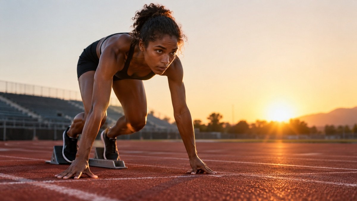 A sprinter in the starting blocks on an outdoor running track at sunrise, low angle