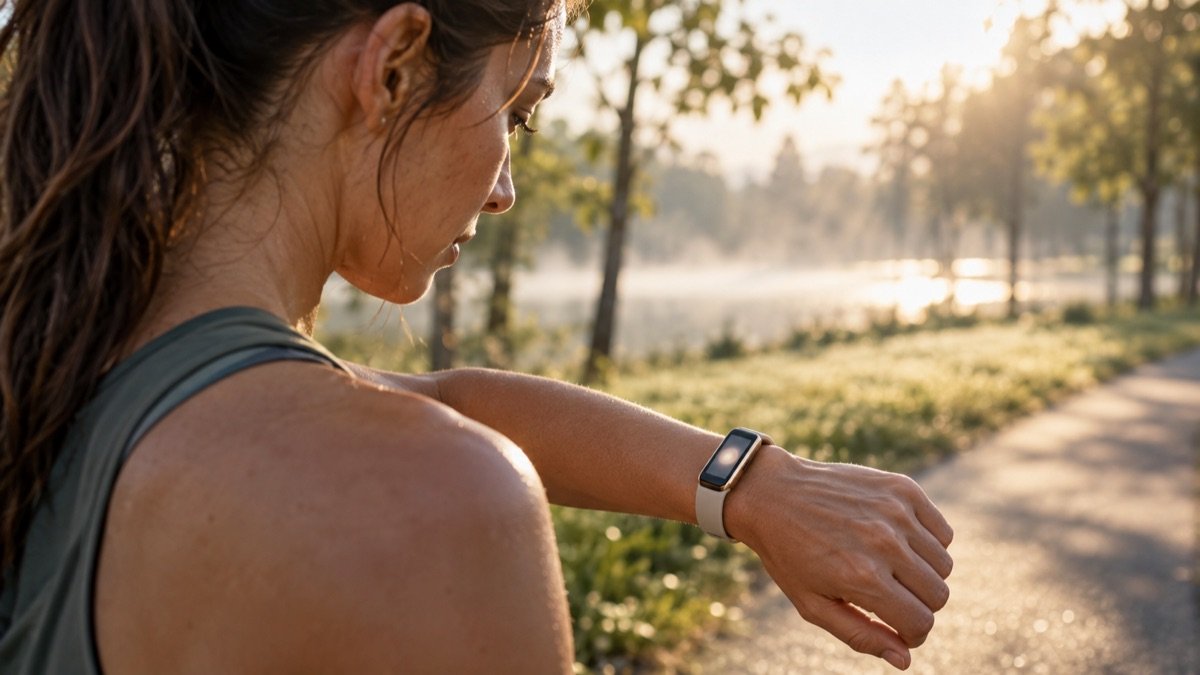 A woman pausing on a misty park path at sunrise to check a slim fitness tracker band with a small lit screen on her wrist