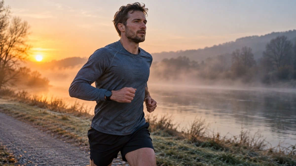 A man running along a misty riverside trail at sunrise wearing a round GPS sports watch