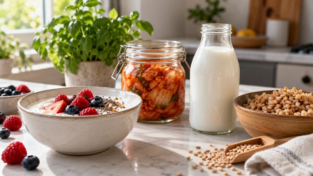 A bowl of yogurt with berries, a jar of kimchi, kefir and whole grains on a bright kitchen counter