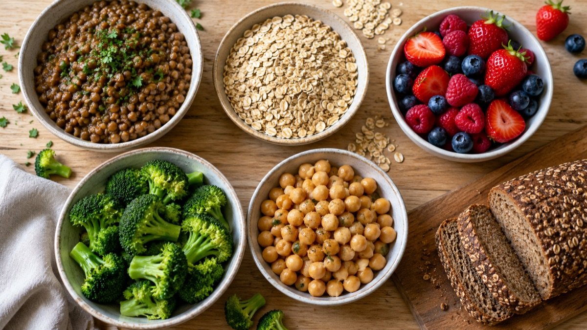 Overhead view of bowls of lentils, oats, berries, broccoli, chickpeas and whole grain bread on a light wooden table