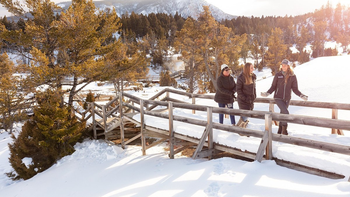 Three people in winter jackets and hats walk and chat along a snowy wooden boardwalk among pine trees, with a snow-covered mountain behind them in low golden sunlight