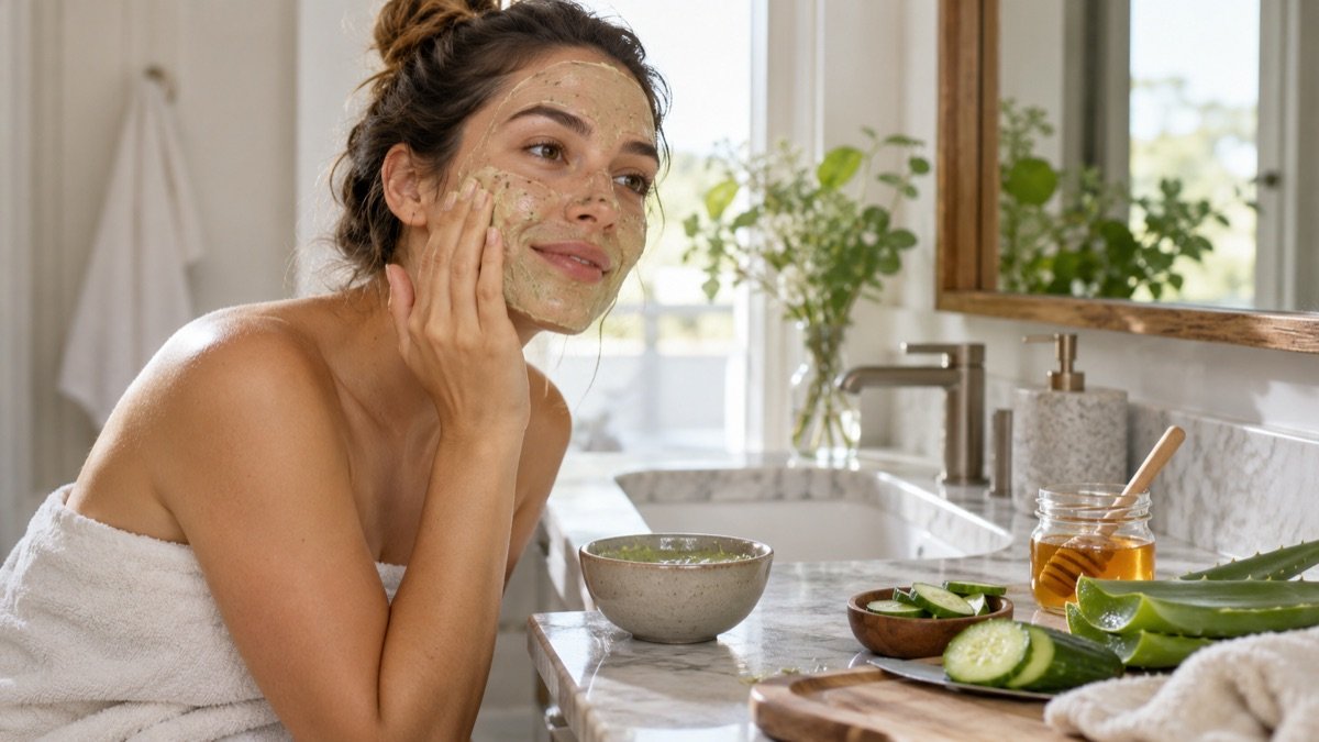A woman gently applying a natural face mask in a bright bathroom, with honey, aloe vera and cucumber slices on the counter