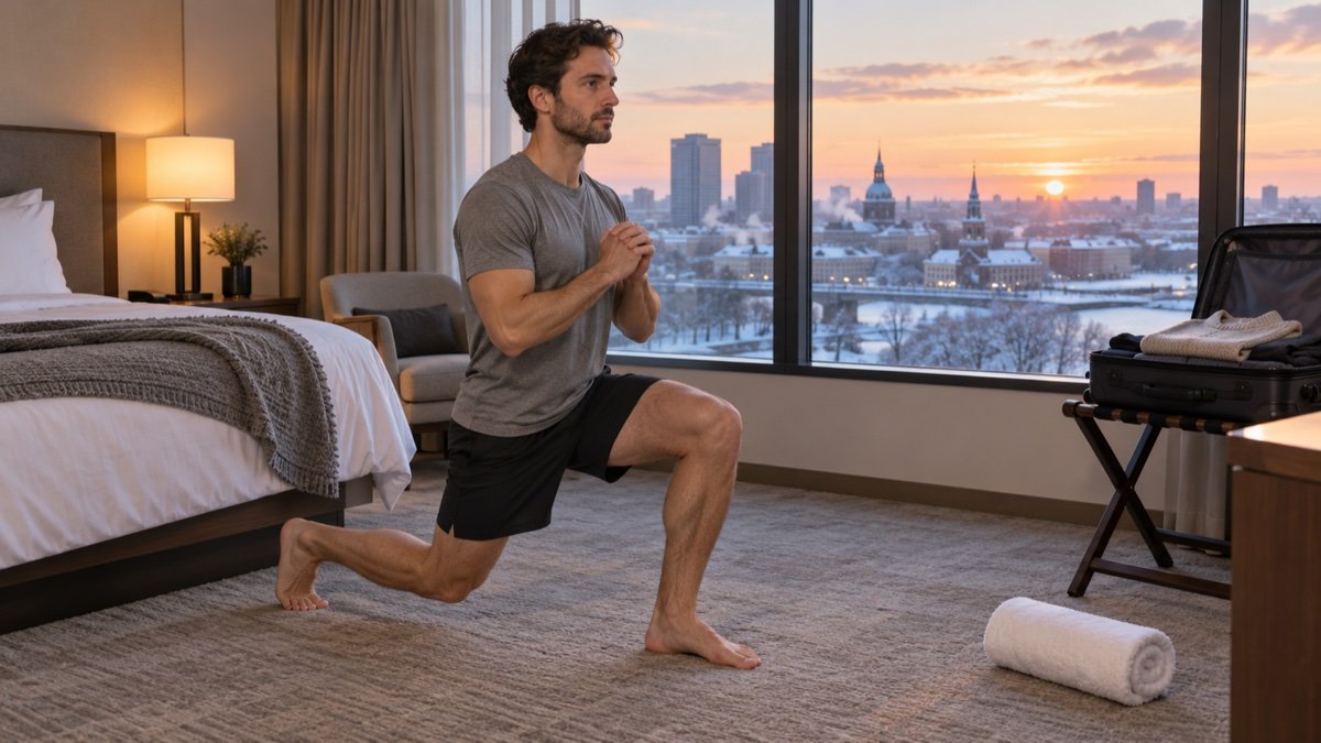 A man in a gray T-shirt and black shorts holds a barefoot lunge on the carpet of a hotel room beside the bed, with a rolled white towel, an open suitcase on a luggage rack and a snowy city skyline at sunrise outside the window