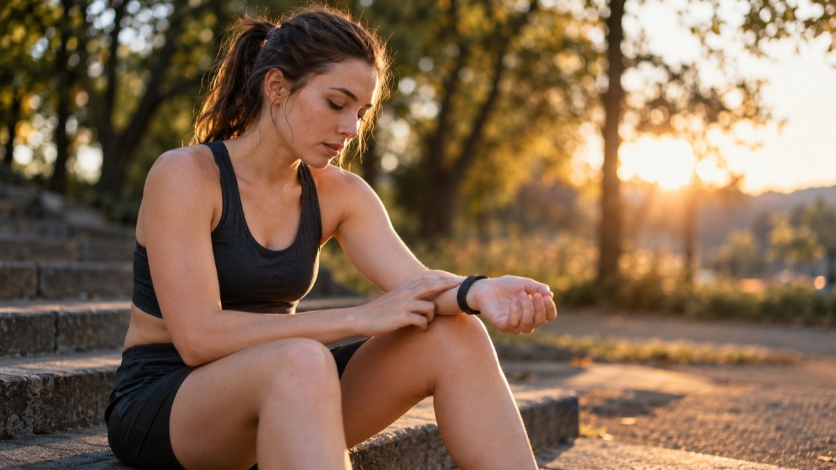 A runner resting on park steps at sunset, checking her pulse at the wrist beside a fitness band