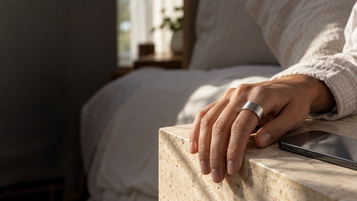 A hand wearing a silver smart ring beside a phone on a bedside table in morning light