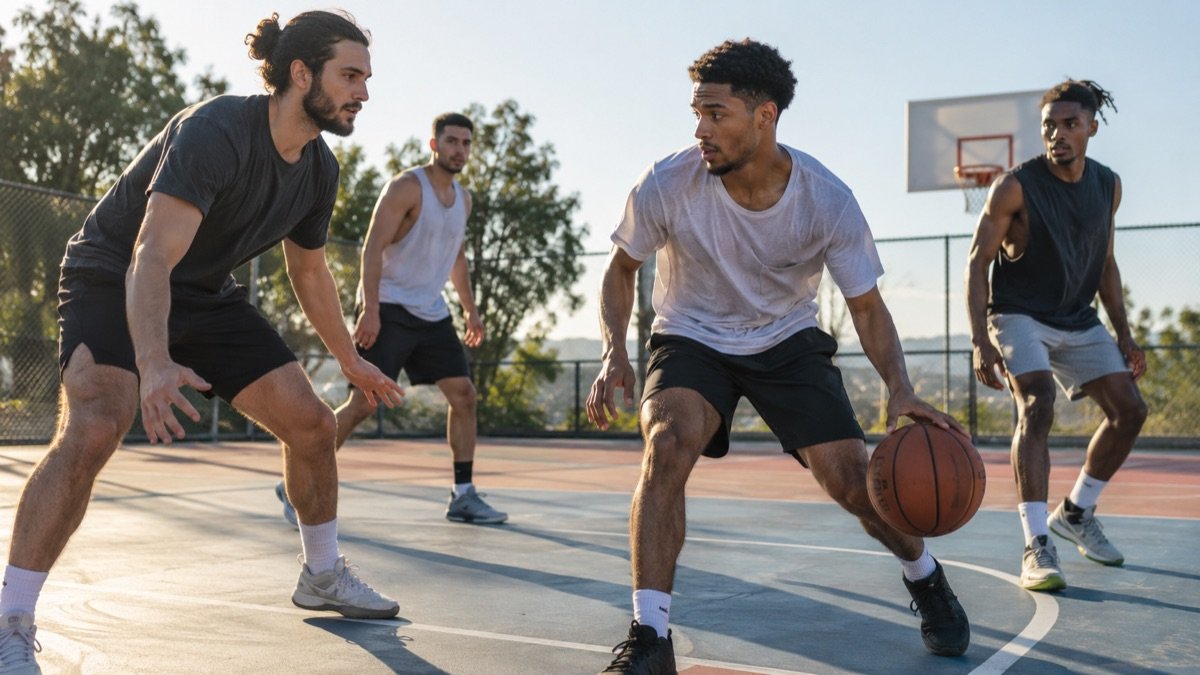 Friends playing a casual game of basketball on an outdoor court on a sunny afternoon