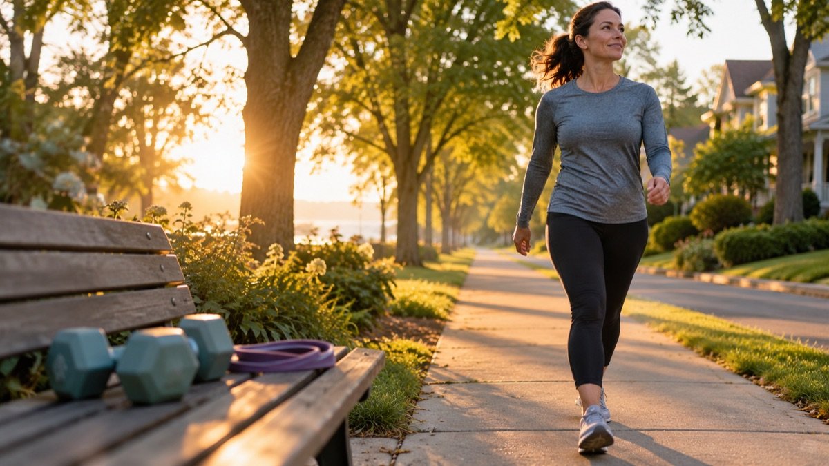 A woman walking briskly along a tree-lined neighborhood sidewalk at sunrise, with hex dumbbells and a resistance band resting on a wooden bench