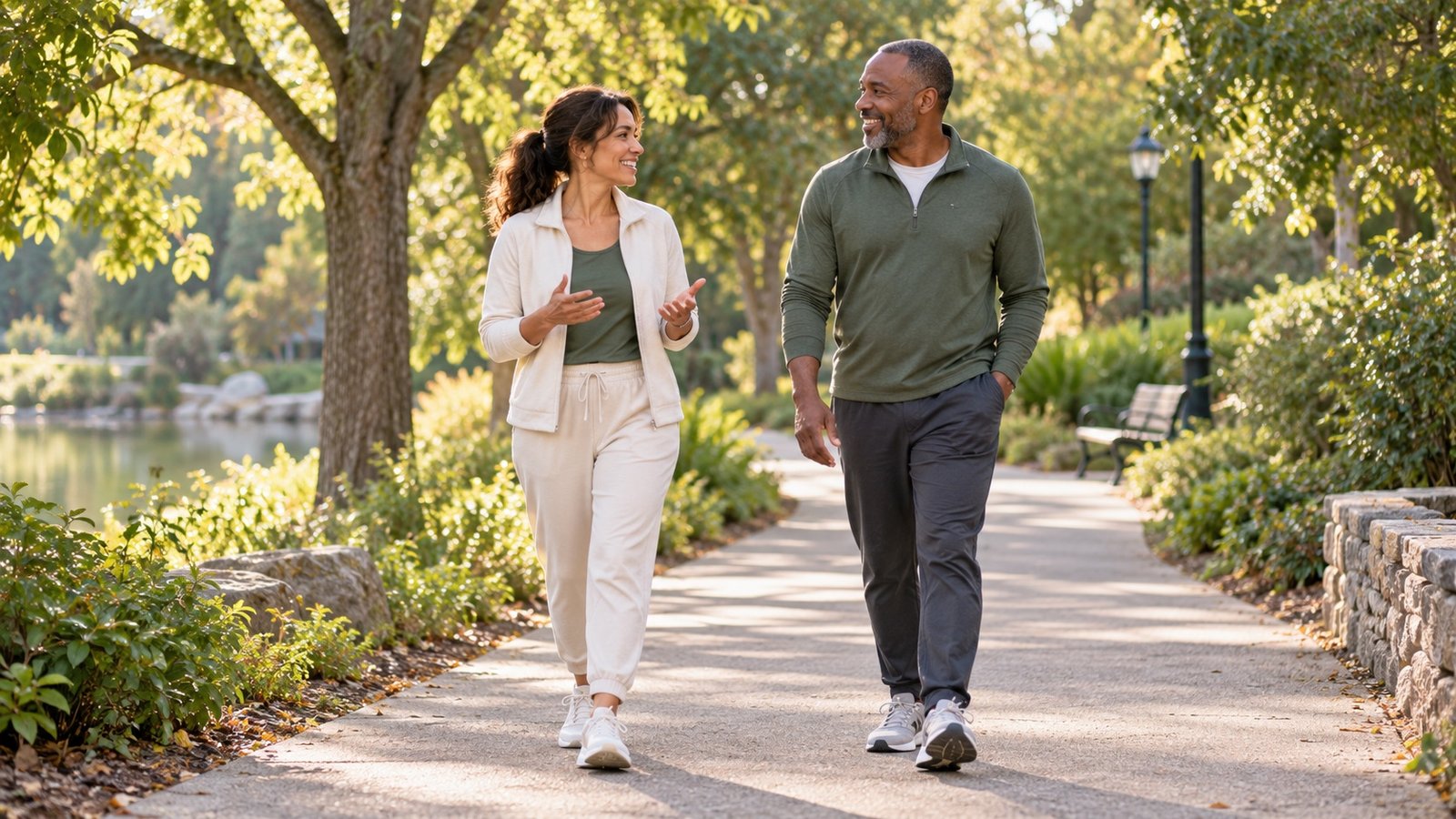 Two adults chatting during a relaxed walk on a level park path