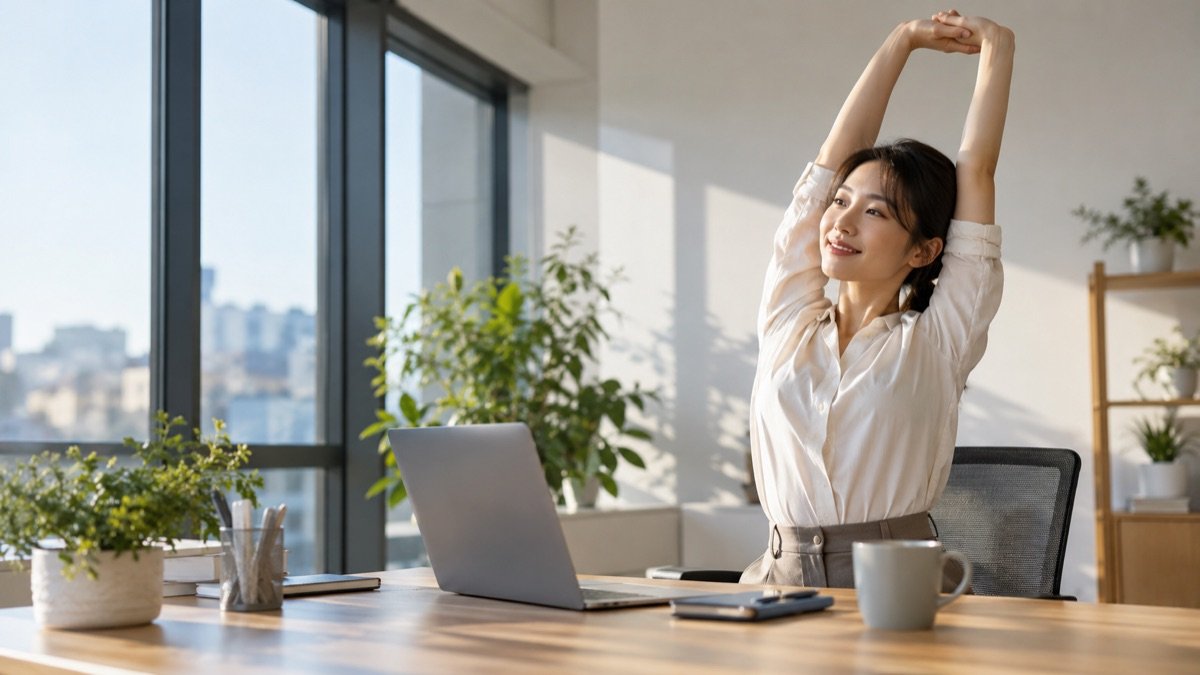 An office worker stretching their arms overhead beside a desk with a laptop, bright modern office