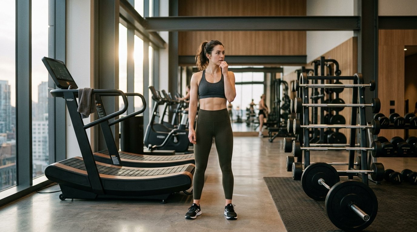 An athlete thoughtfully deciding between treadmill cardio and barbell strength training in a modern gym
