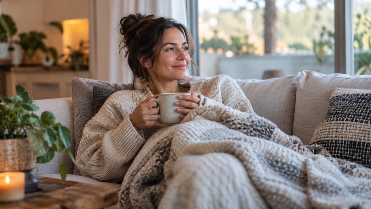 A woman resting on a sofa with a warm mug and a light blanket, calm self-care moment, soft natural light