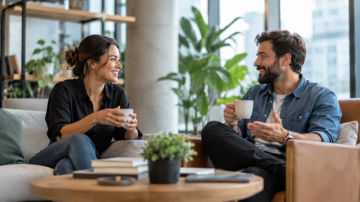 Two colleagues having a supportive, relaxed conversation over coffee in a bright modern office lounge