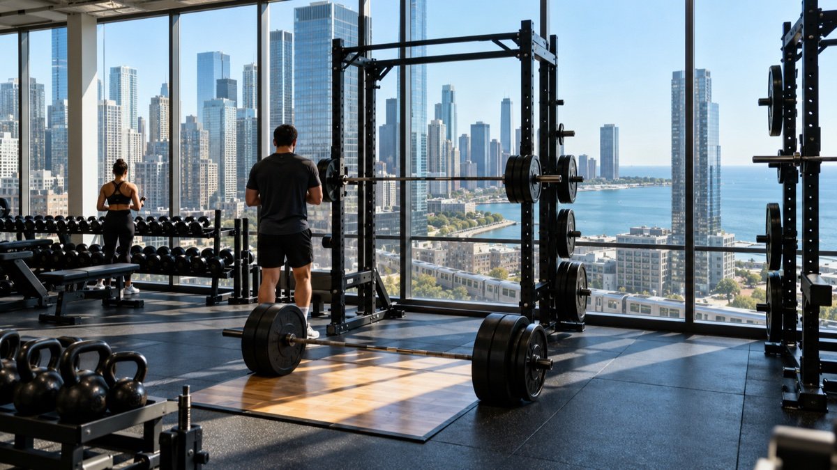 A modern gym with power racks and a loaded barbell beside floor-to-ceiling windows overlooking a dense skyline of steel-and-glass towers beside a wide blue lake