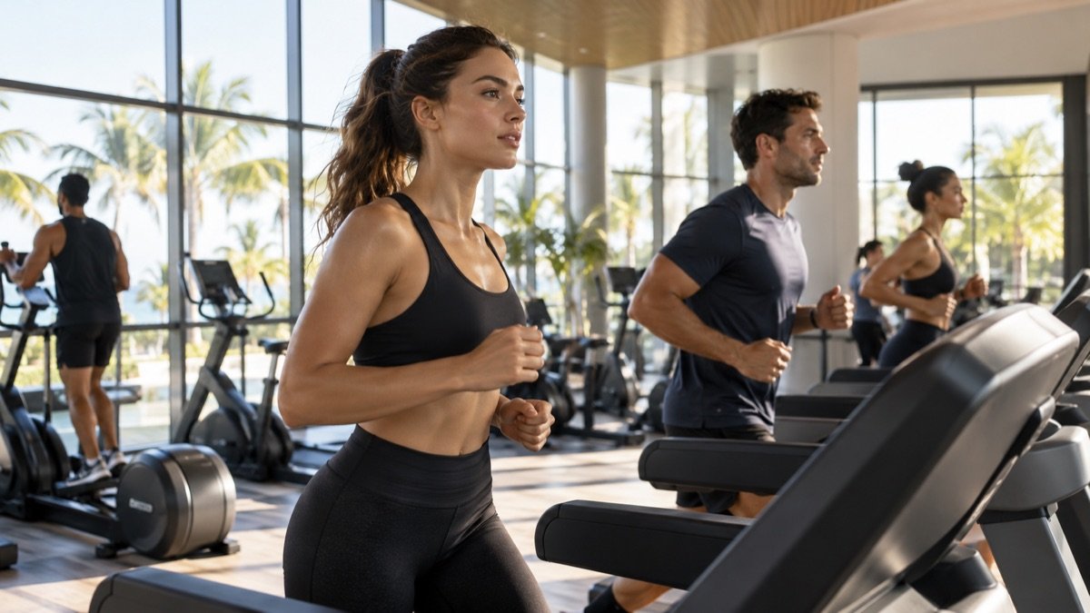 A bright modern gym interior with large windows and palm trees outside, people training on cardio machines