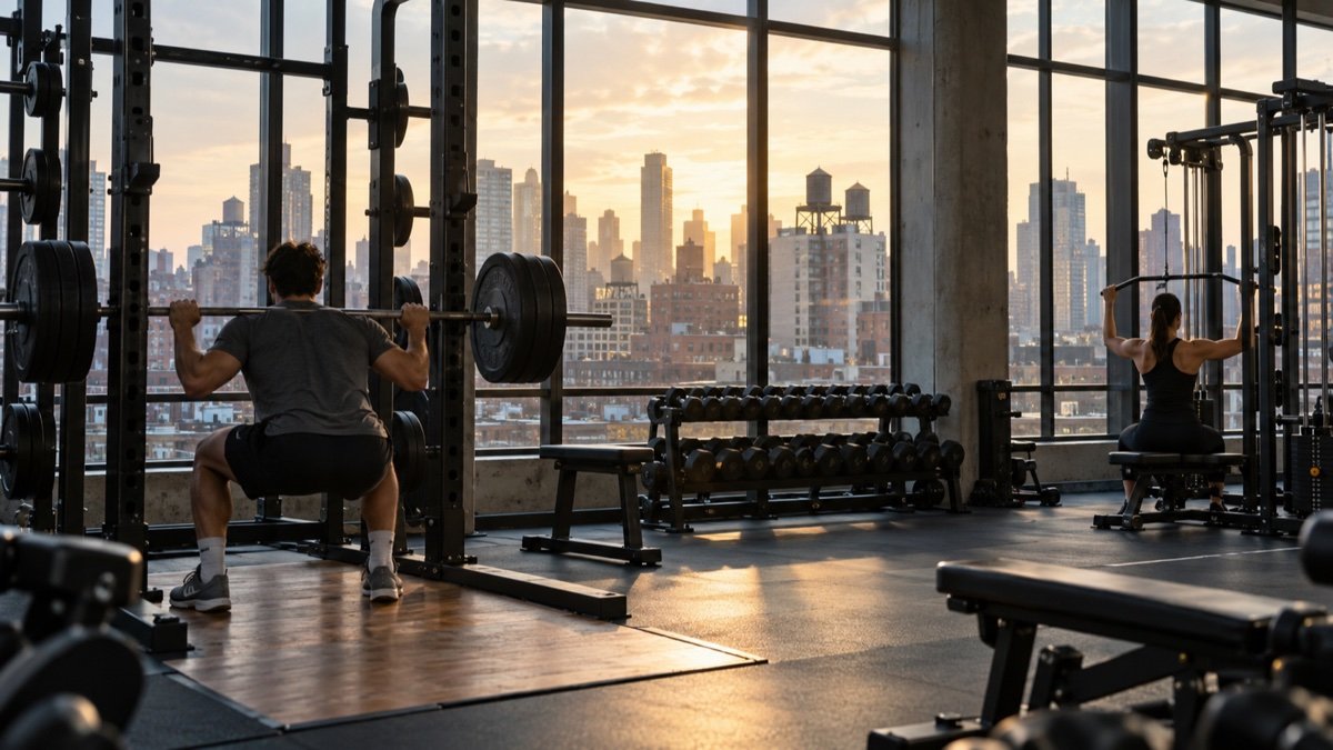 A modern gym with squat racks and a loaded barbell beside tall industrial windows overlooking a dense city of brick and glass high-rises at sunrise