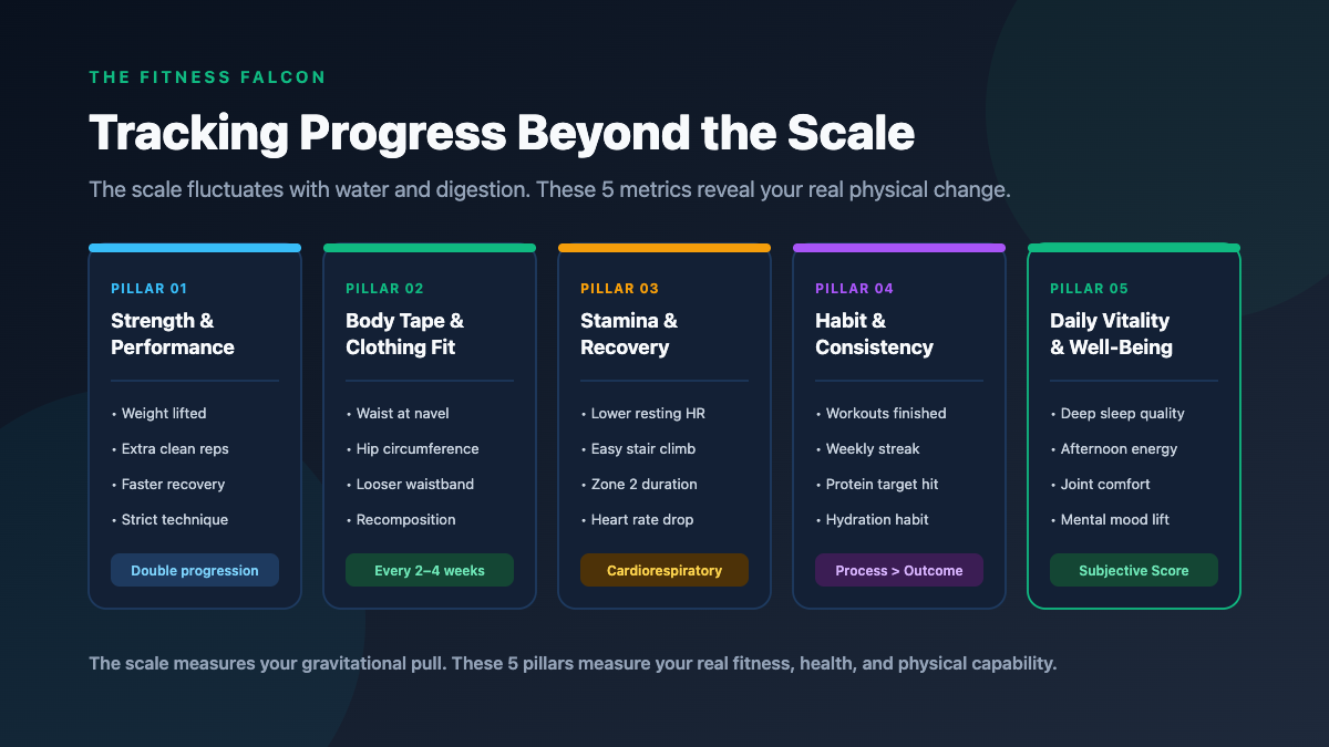 An infographic breaking down five non-scale fitness metrics: performance, body measurements, stamina, consistency, and daily vitality