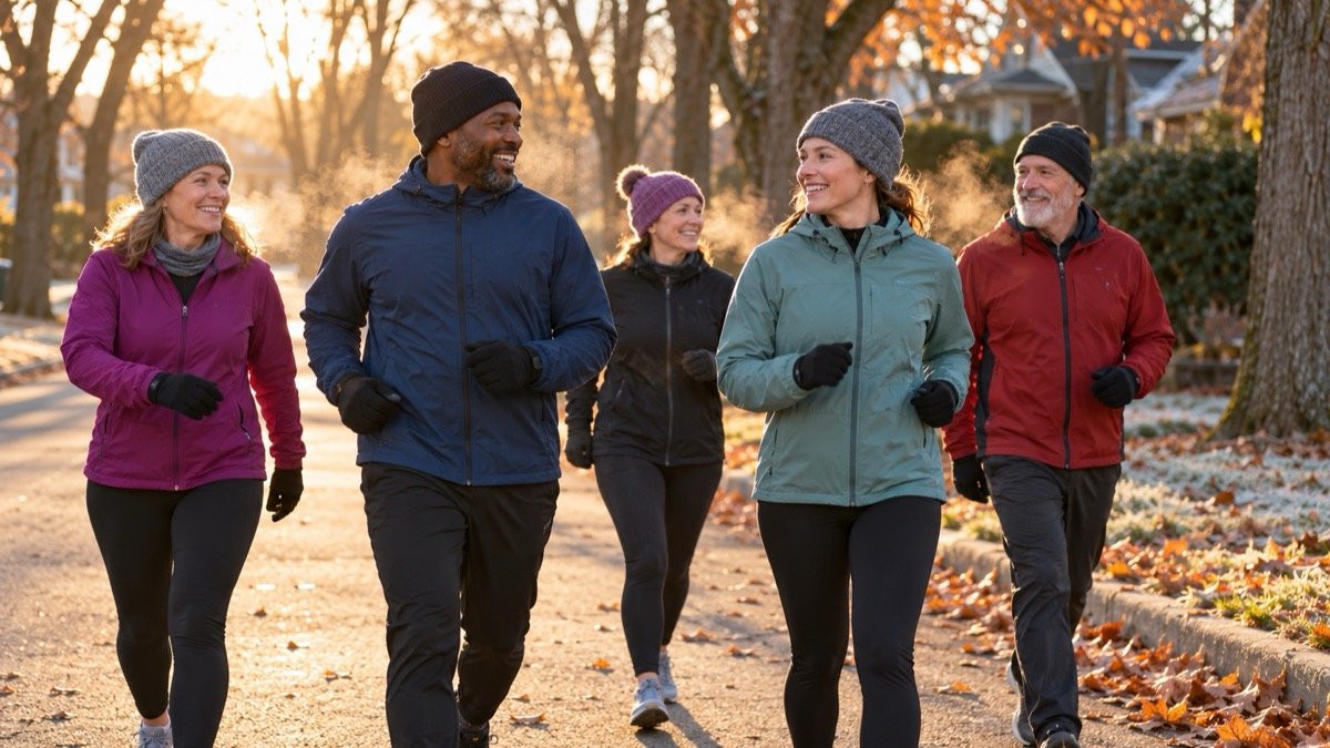 Five adults in winter jackets, knit beanies, gloves and leggings walk briskly together down a leaf-strewn suburban street on a frosty, sunlit autumn morning