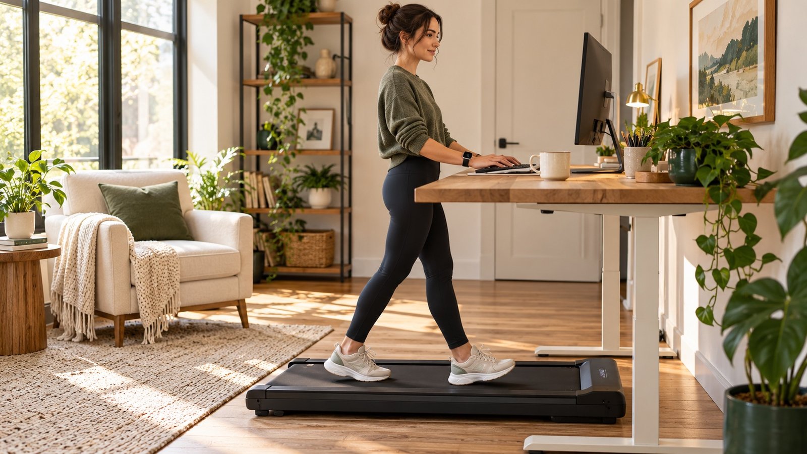 Adult walking on an under-desk walking pad with hands on a keyboard and a smartwatch on the wrist