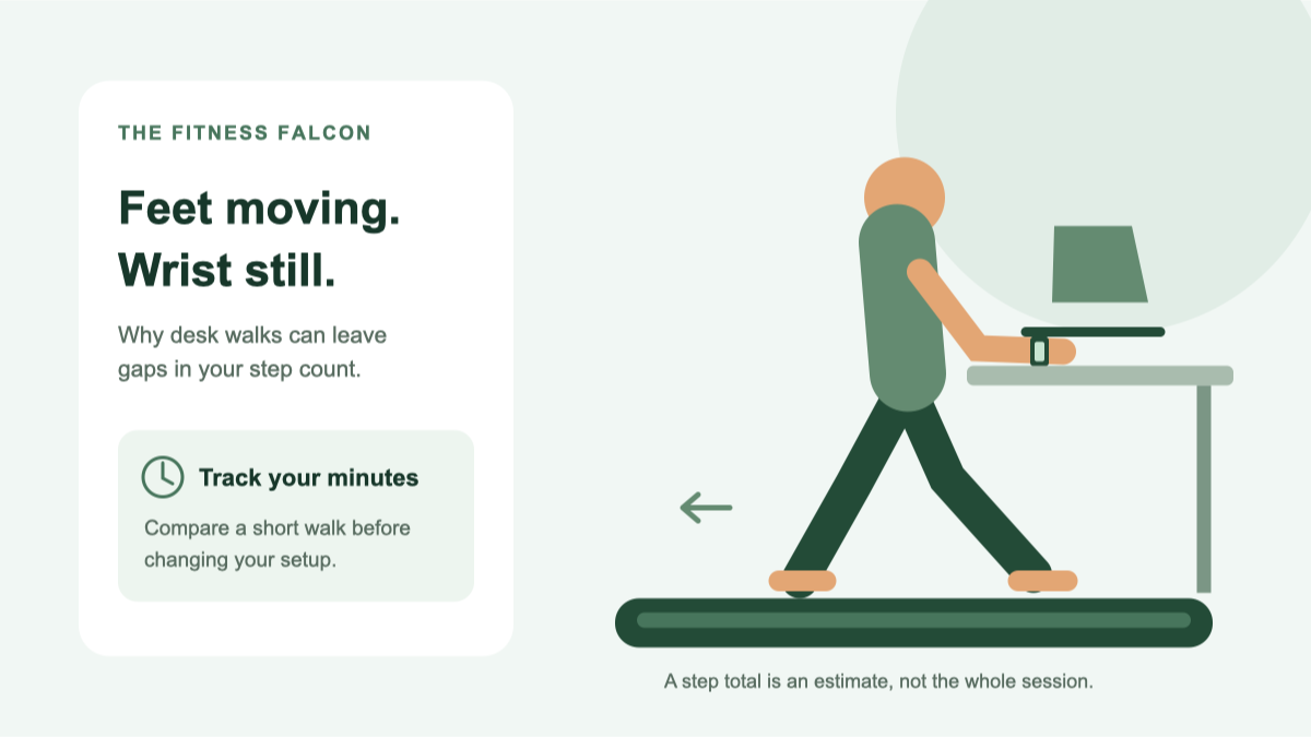 Illustration of a walking-pad desk setup with a stationary wrist and moving feet