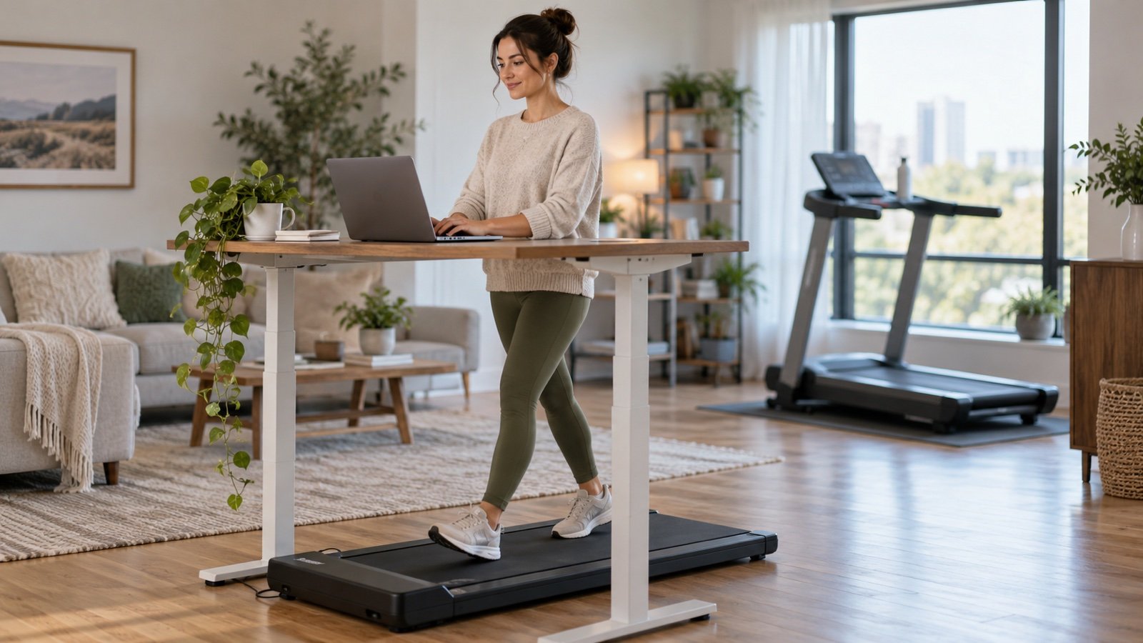 A woman walking on a slim walking pad under a standing desk with a full-size treadmill by the window behind her