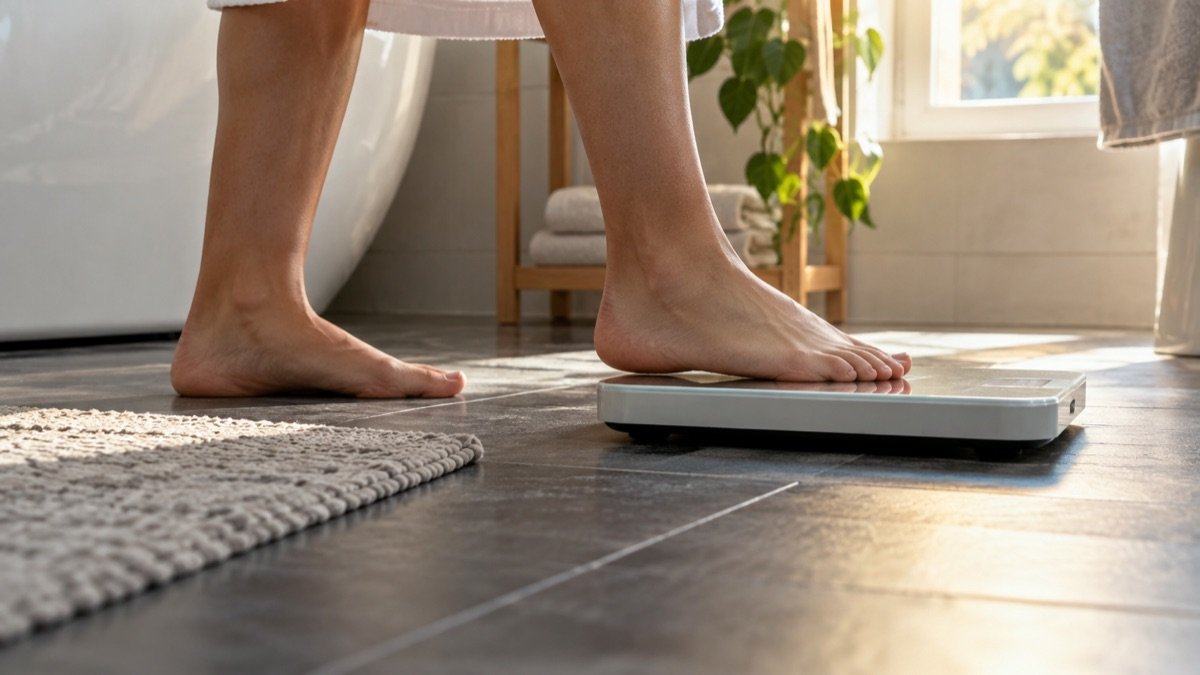 A person stepping onto a bathroom scale in the morning, shot from the side at floor level, only feet and shins visible