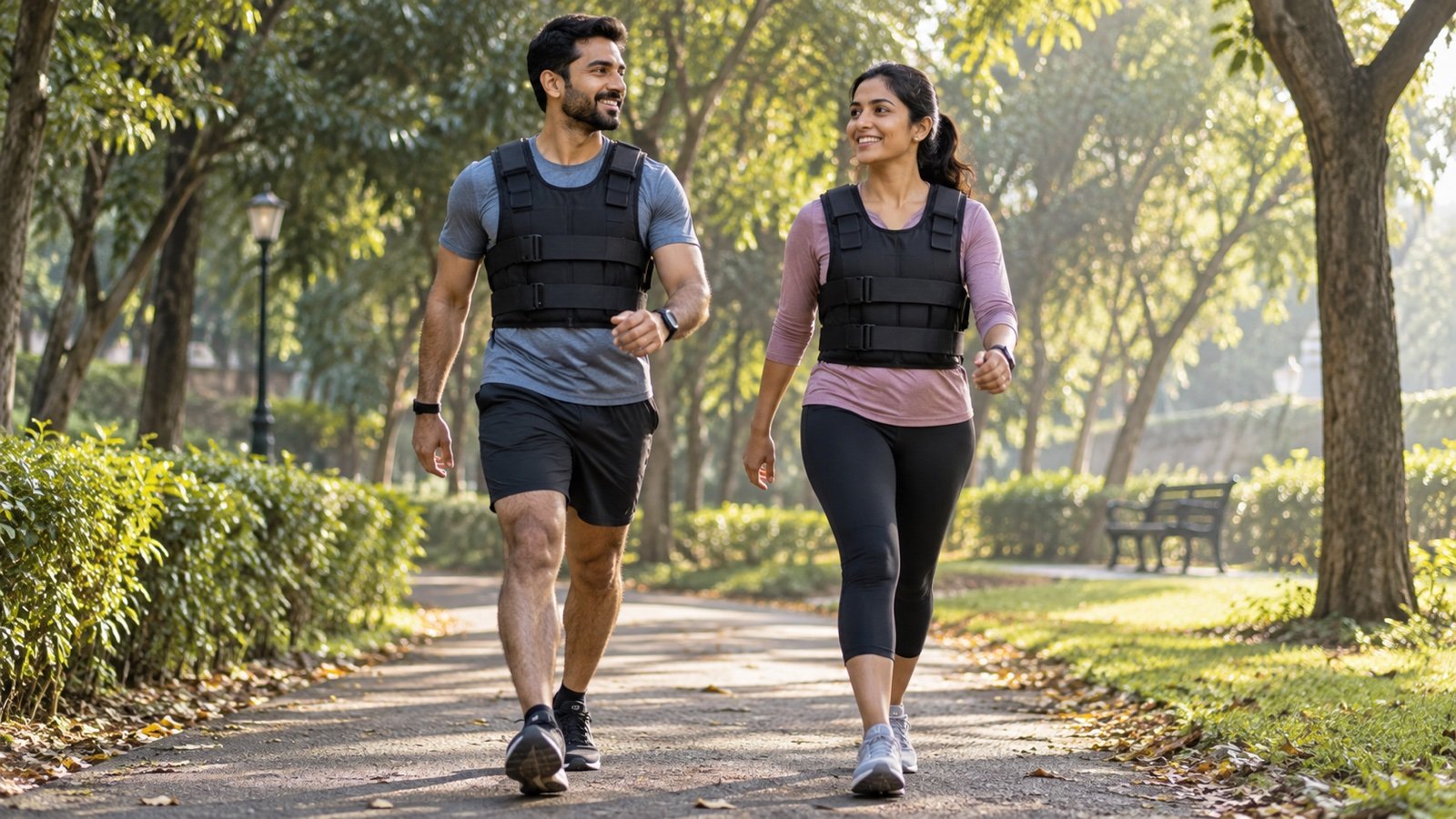 A man and woman wearing black weighted vests walking briskly on a tree-lined park path in morning light