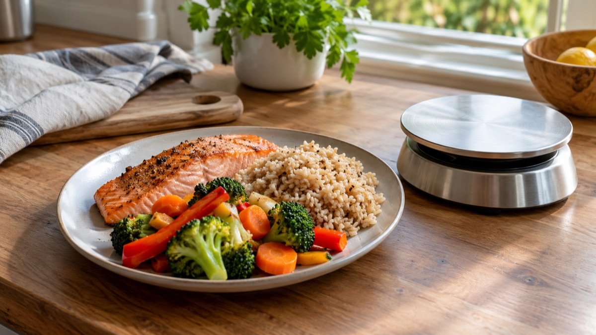 A balanced plate of salmon, brown rice and vegetables on a kitchen table next to a simple kitchen scale