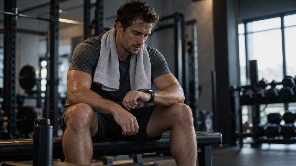 A tired man with a towel around his neck sitting on a gym bench and checking his smartwatch