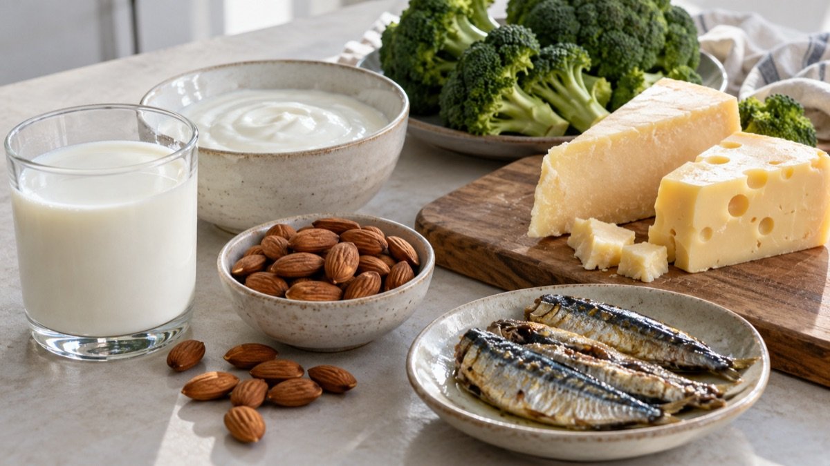 Calcium-rich foods: a glass of milk, yogurt, cheese, almonds, broccoli and sardines arranged on a light table