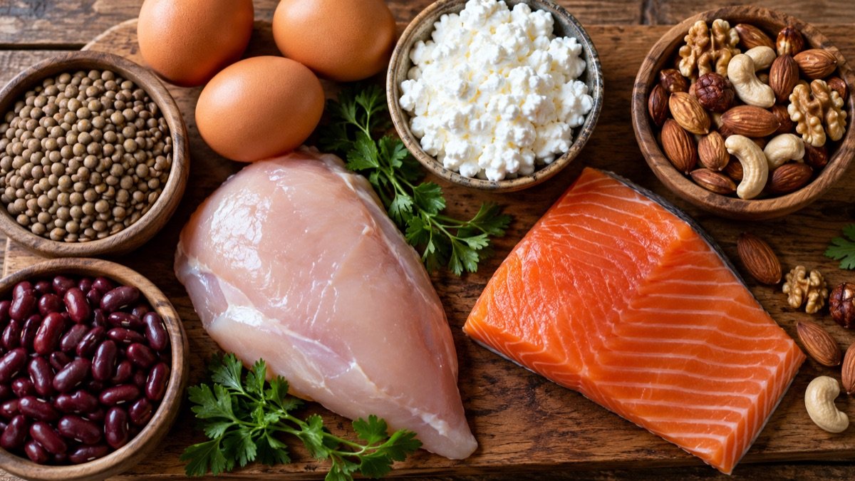 An overhead spread of protein foods: chicken breast, eggs, salmon, beans, cottage cheese and nuts on a wooden board