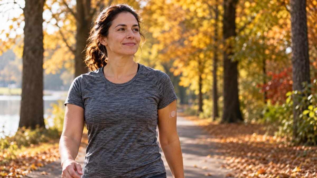 A woman in a gray athletic T-shirt walks along a tree-lined park path on a sunny autumn morning, with a small round bandage on her upper arm